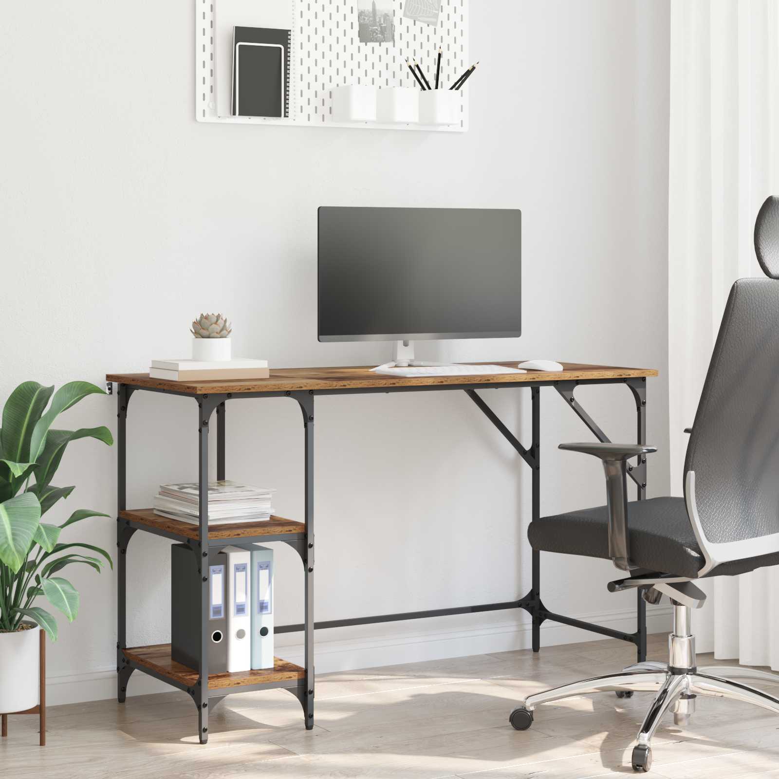 Skrivebord med hylder - gammelt træ look, 120 × 50 × 75 cm, konstrueret træ/metal