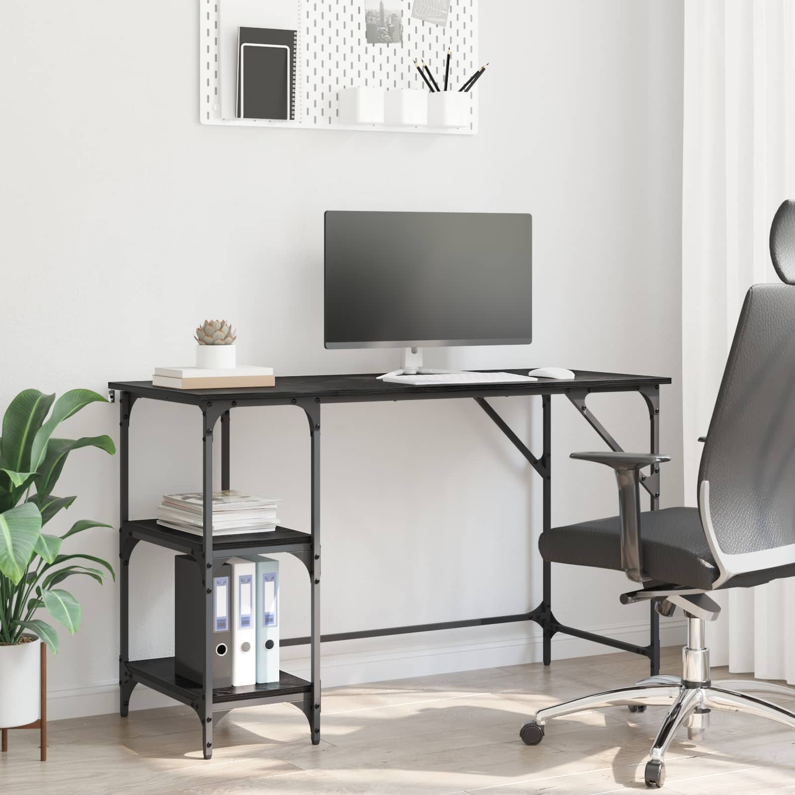 Skrivebord i sort eg - 120 × 50 × 75 cm, konstrueret træ og metal med 3 hylder