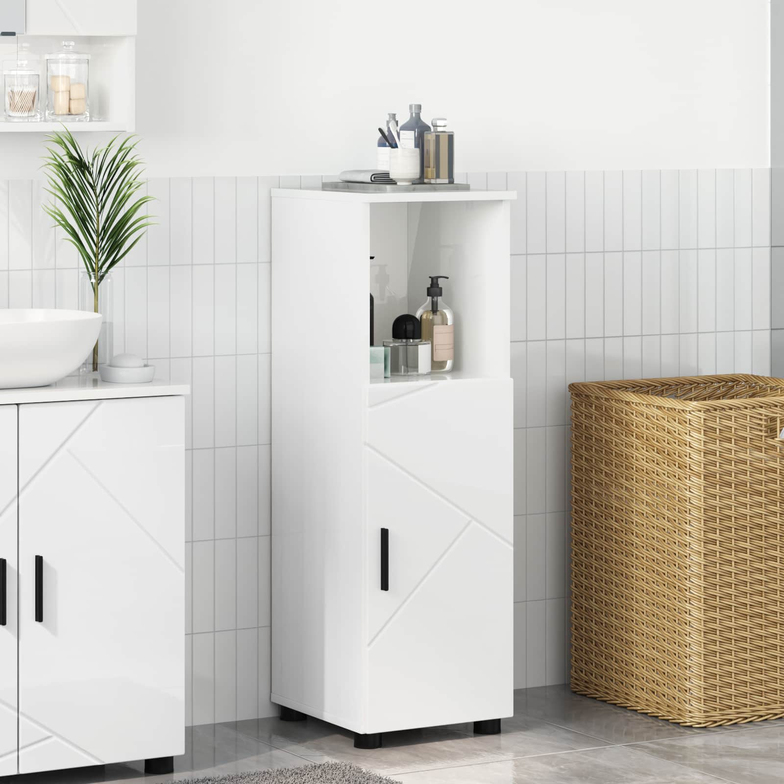 Badeværelsesskab med opbevaring - højglans hvid 30 × 35 × 95 cm