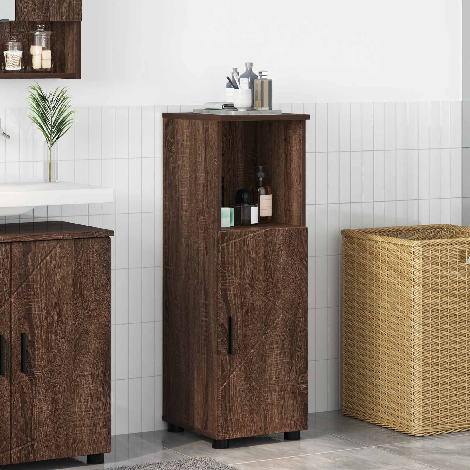 Badeværelsesskab med opbevaring med dør Brun eg 30 x 35 x 95 cm billede