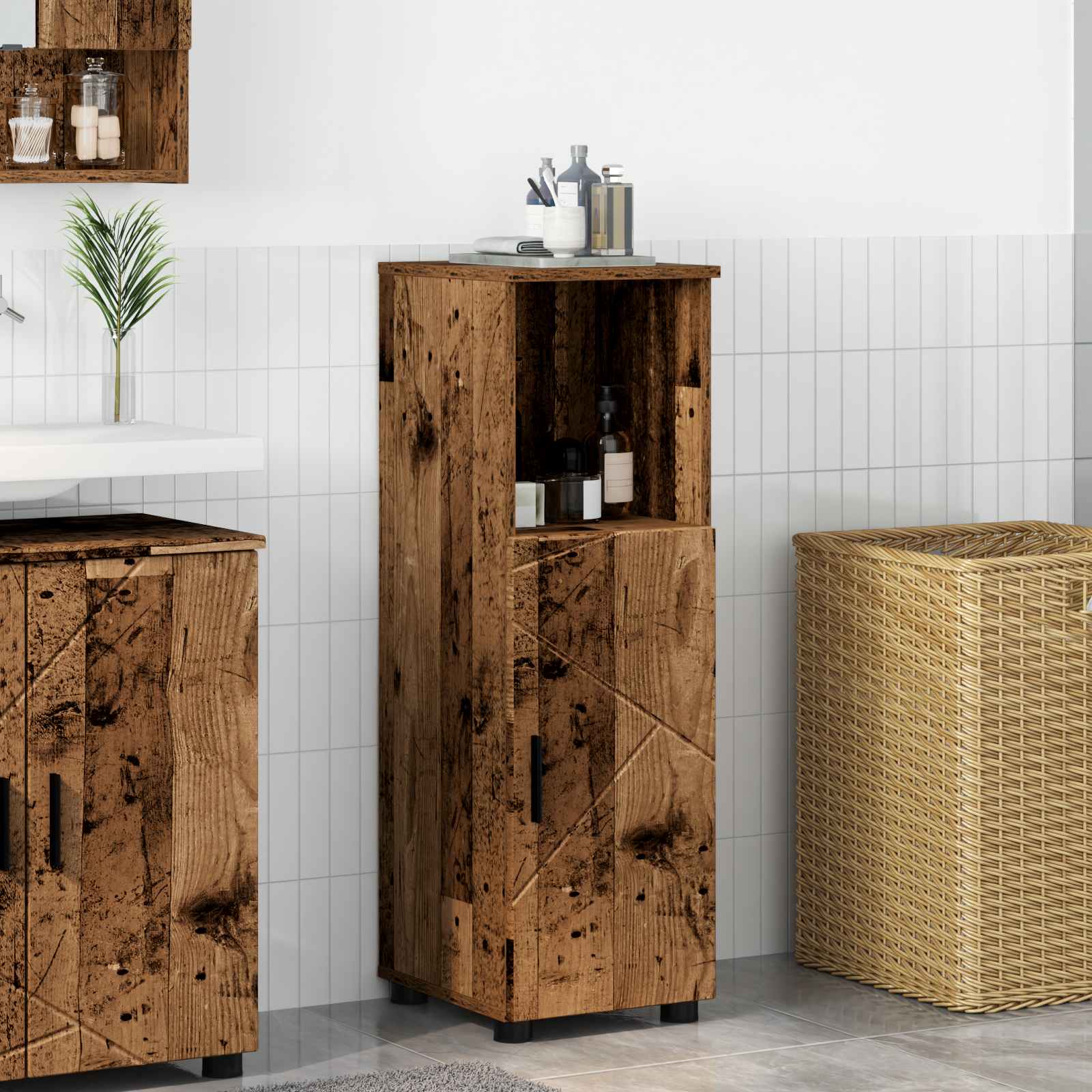 Badeværelsesskab med opbevaring Gammelt træ 30 x 35 x 95 cm billede