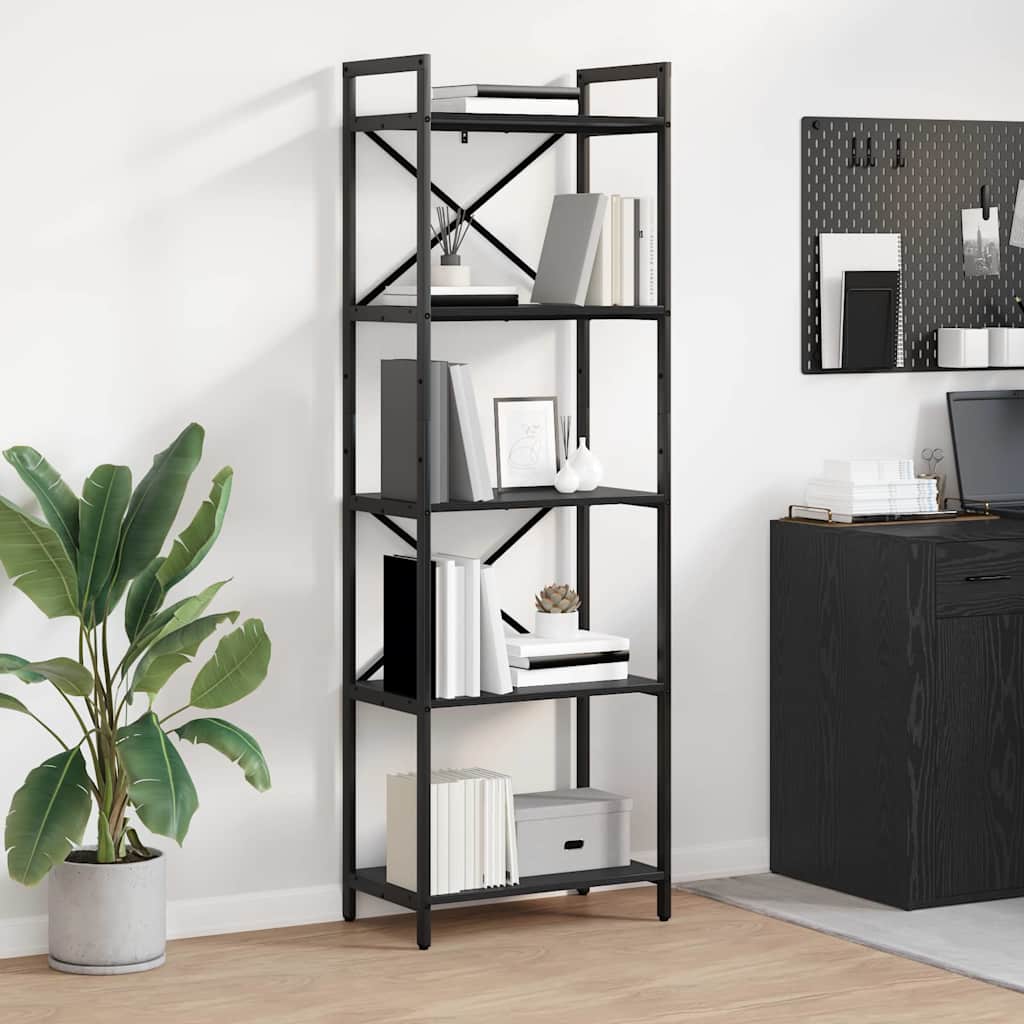 Bogreol i sort eg - 56 × 34 × 171 cm, konstrueret træ og stålramme