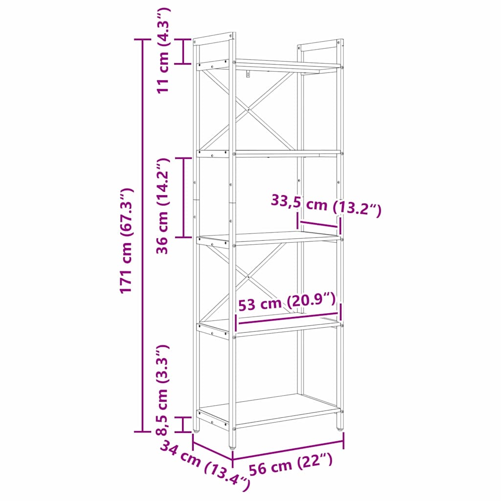 Bogreol Sonoma eg 56 x 34 x 171 cm Konstrueret træ