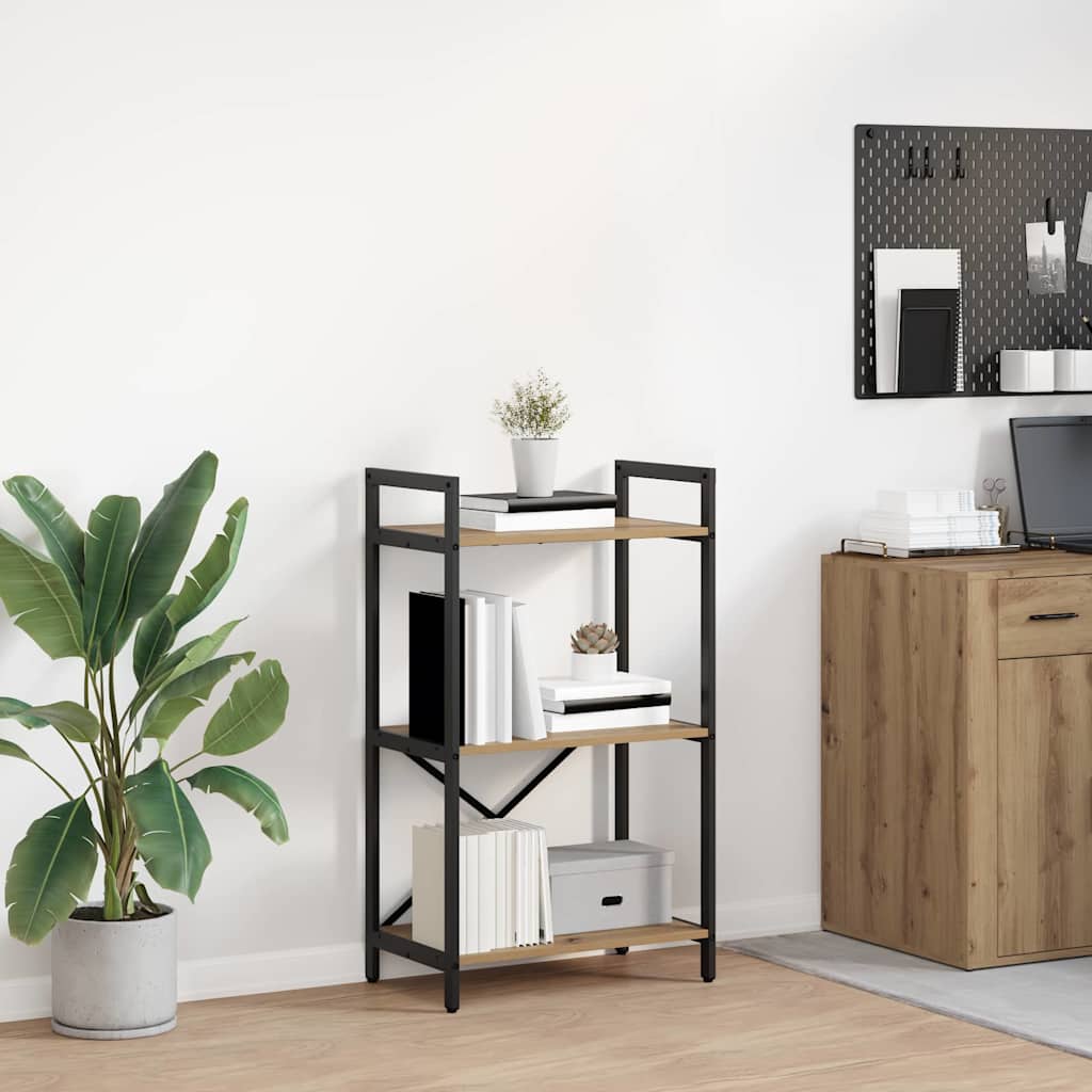Bogreol i artisan egetrælook - 56 × 34 × 96 cm, konstrueret træ og stål, 3 hylder