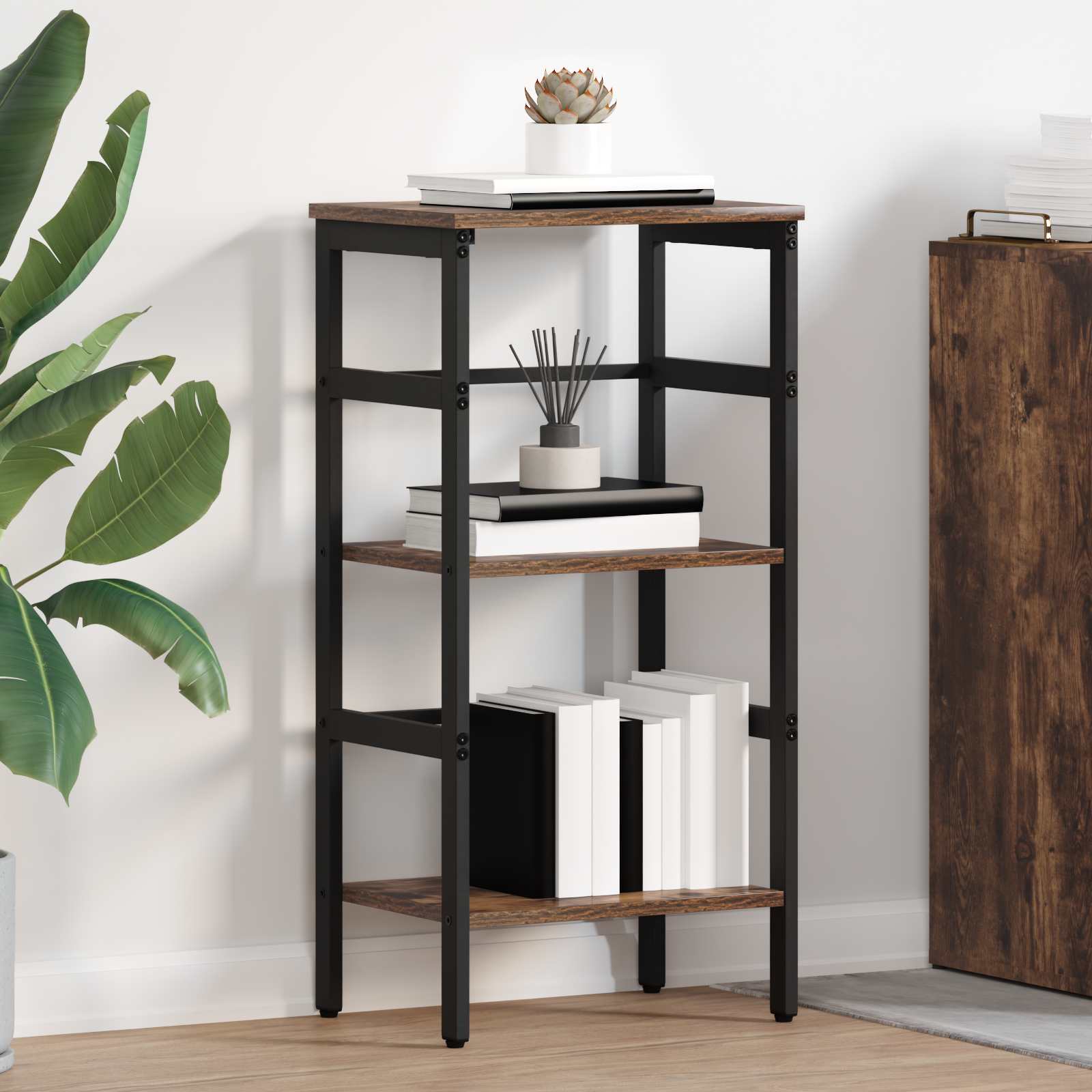 Industriel bogreol i røget eg - 40 × 29,5 × 81 cm, konstrueret træ og stål