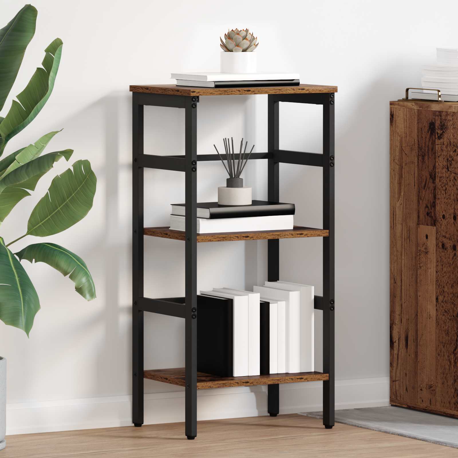 Bogreol i industrielt design - gammelt træ, 40 × 29,5 × 81 cm, konstrueret træ og stål