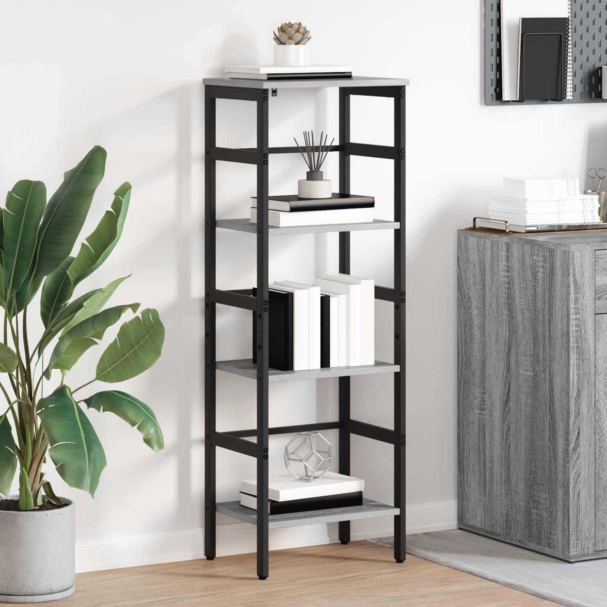 Bogreol i industrielt design - grå sonoma, 40 × 29,5 × 115 cm