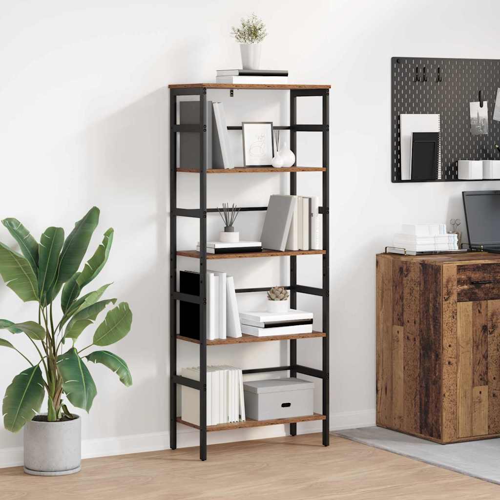Bogreol i industrielt design - gammelt træ/metal, 60 × 29,5 × 149 cm