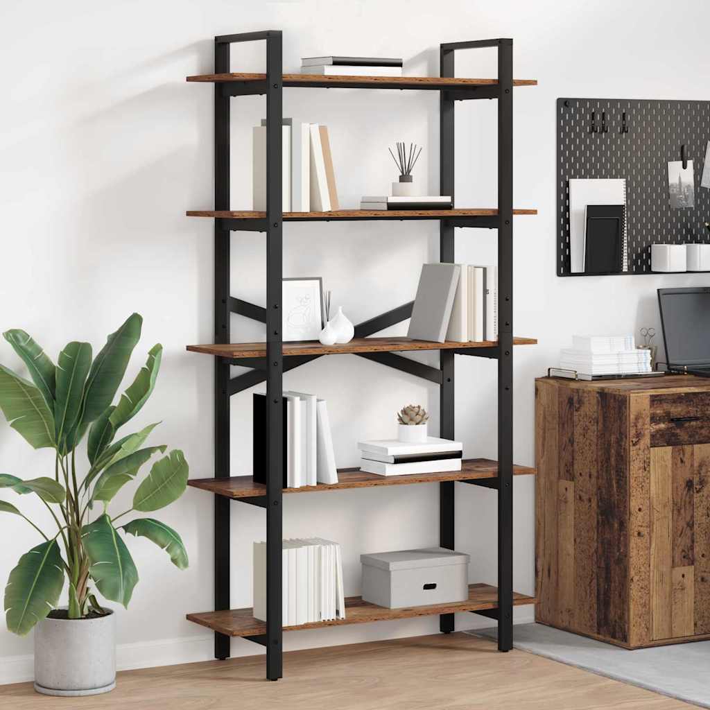 Industriel bogreol i gammelt træ - 100 × 33,5 × 178 cm, konstrueret træ og stål, 5 hylder