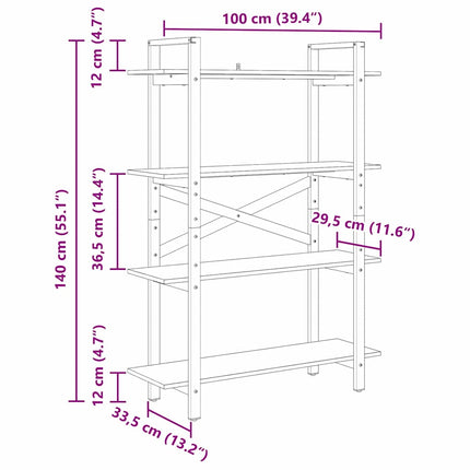 Bogreol 4 niveauer 100 x 33,5 x 140 cm Konstrueret træ