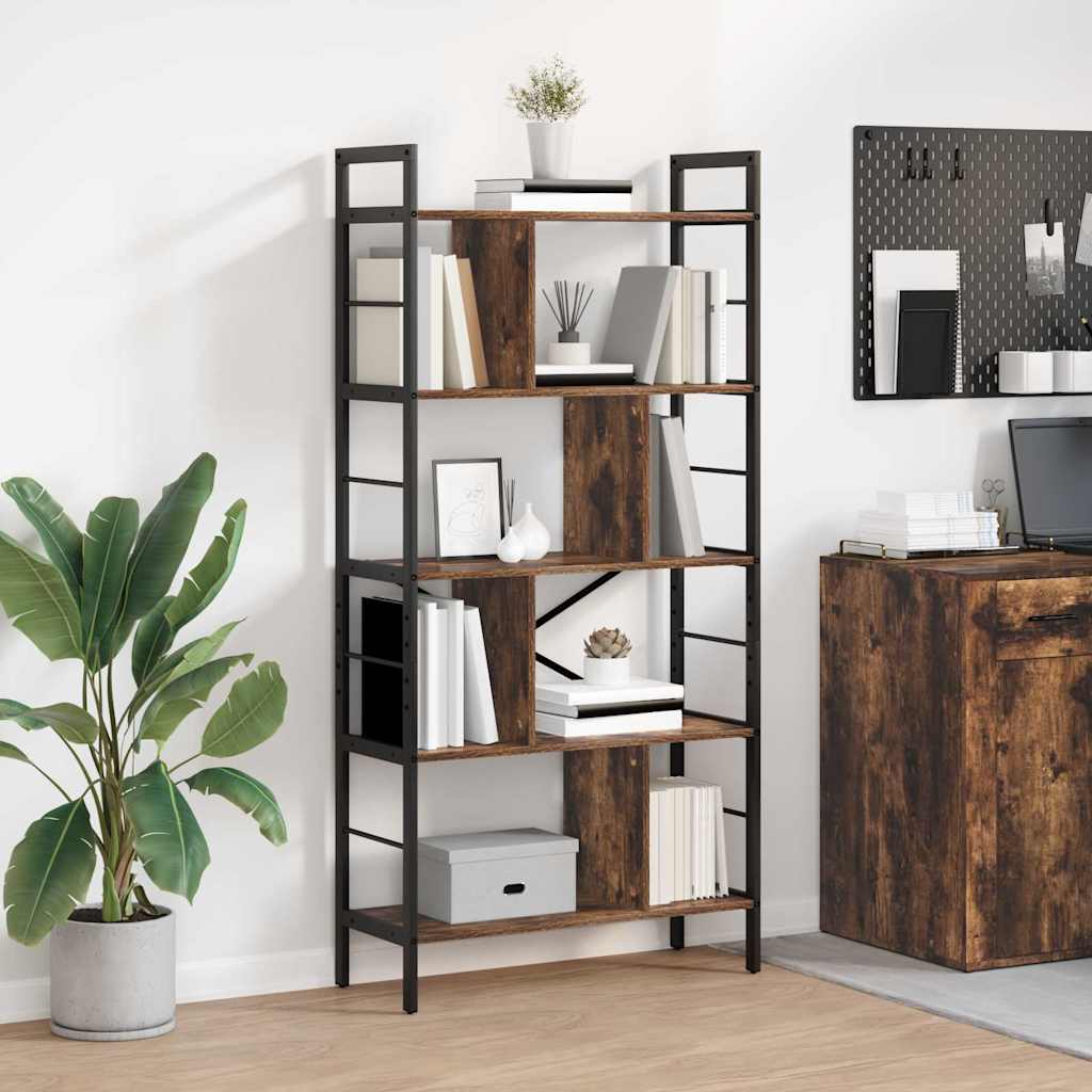 Bogreol i røget eg 75 × 30 × 156 cm - konstrueret træ, industriel reol med 9 hylder
