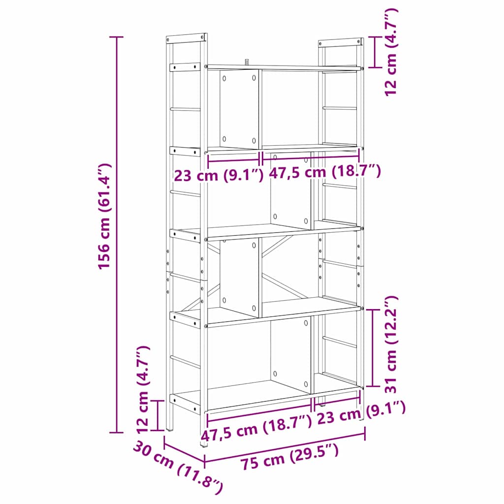 Bogreol Røget eg 75 x 30 x 156 cm Konstrueret træ