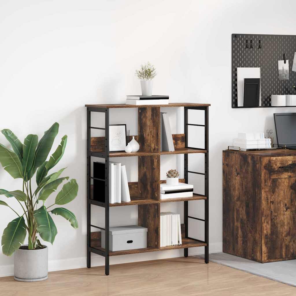 Bogreol i røget eg - 82 × 32 × 112 cm, konstrueret træ og stål, 6 åbne hylder