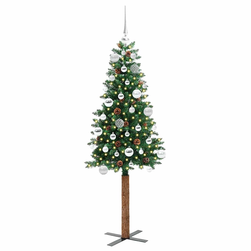 Slankt Juletræ med stativ Grøn 150 cm PVC og Massiv Fyrretræ