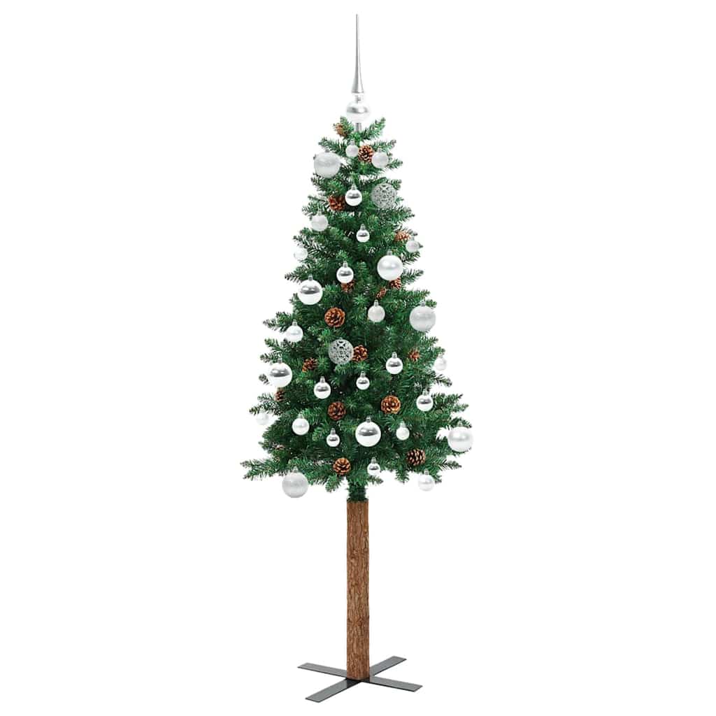 Slankt Juletræ med stativ Grøn 150 cm PVC og Massiv Fyrretræ