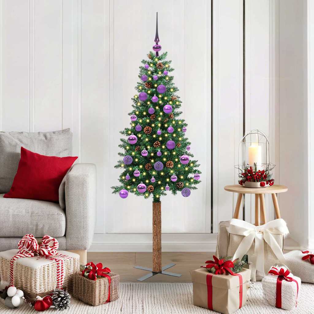 Slankt Juletræ med stativ Grøn 150 cm PVC og Massiv Fyrretræ
