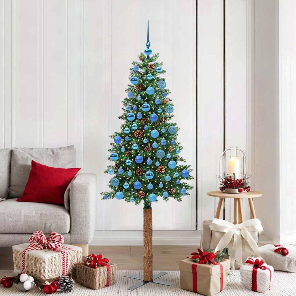 Slankt Juletræ med stativ Grøn 180 cm PVC og Massiv Fyrretræ