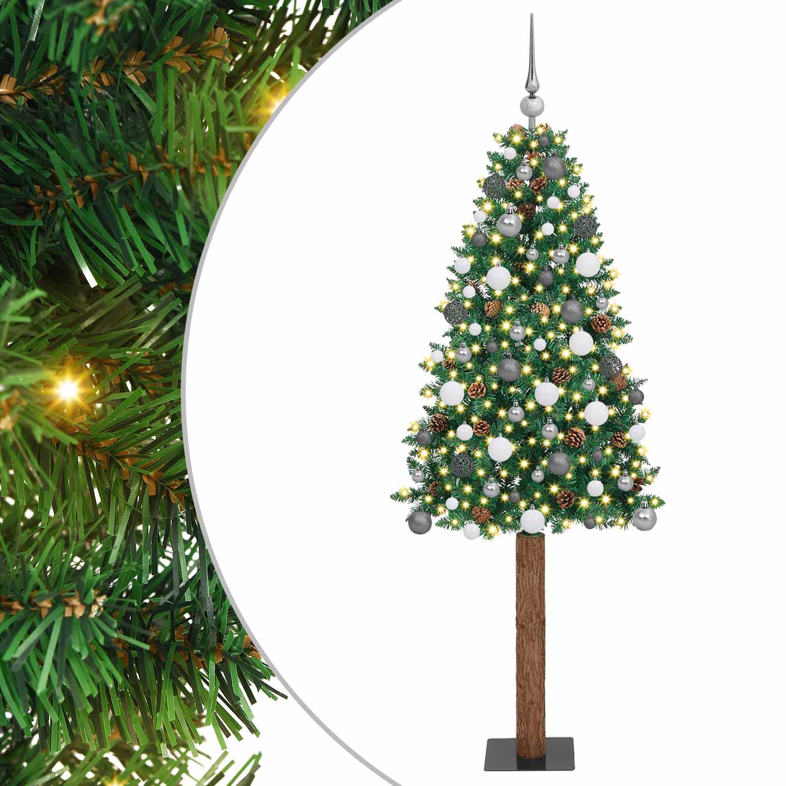 Slankt Juletræ med stativ Grøn 210 cm PVC og Massiv Fyrretræ