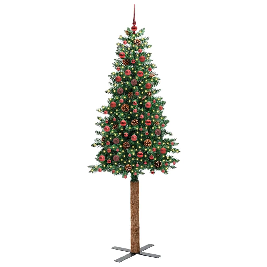 Slankt Juletræ med stativ Grøn 210 cm PVC og Massiv Fyrretræ