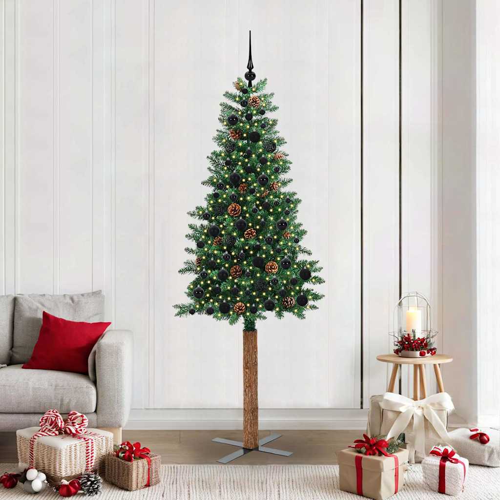 Slankt Juletræ med stativ Grøn 210 cm PVC og Massiv Fyrretræ