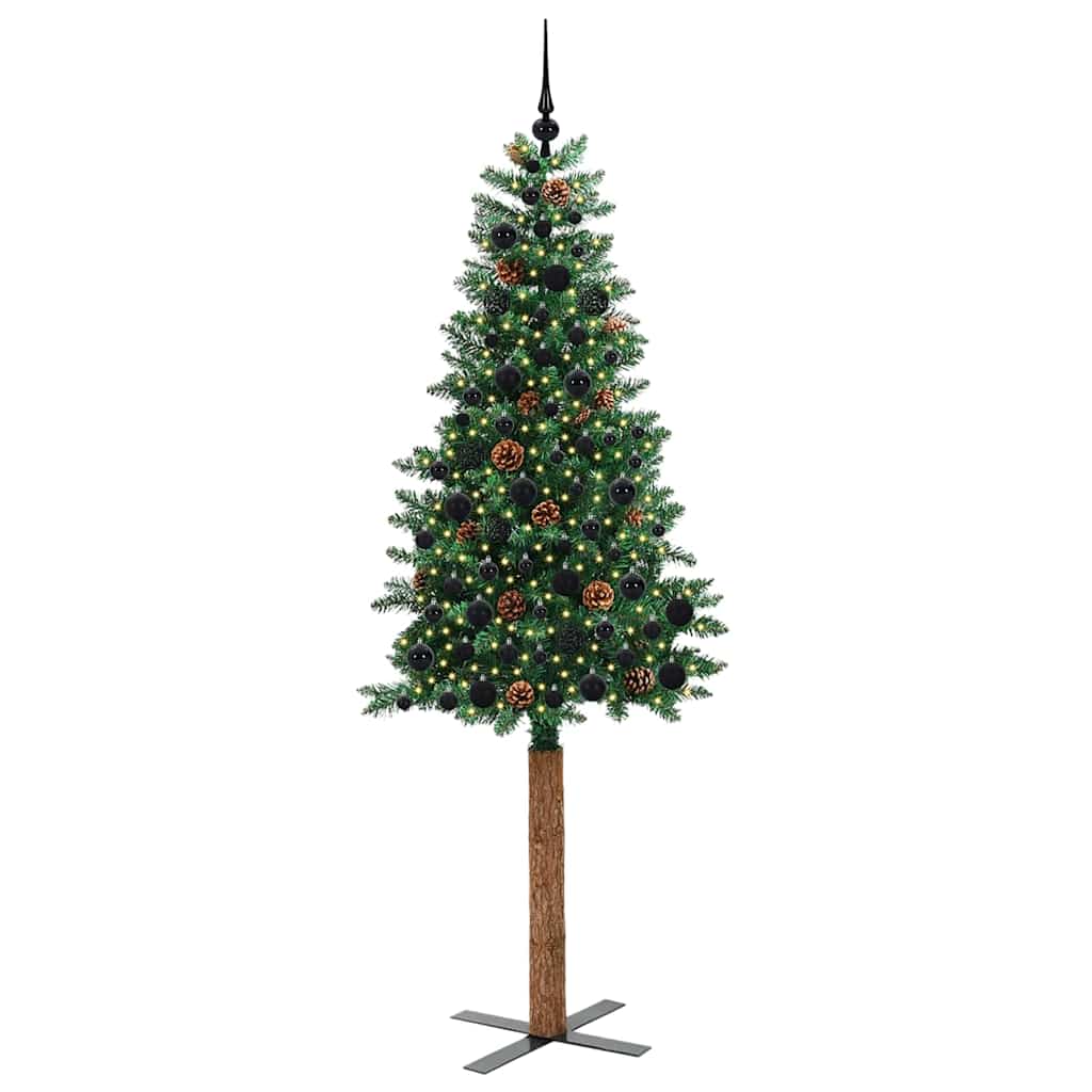 Slankt Juletræ med stativ Grøn 210 cm PVC og Massiv Fyrretræ