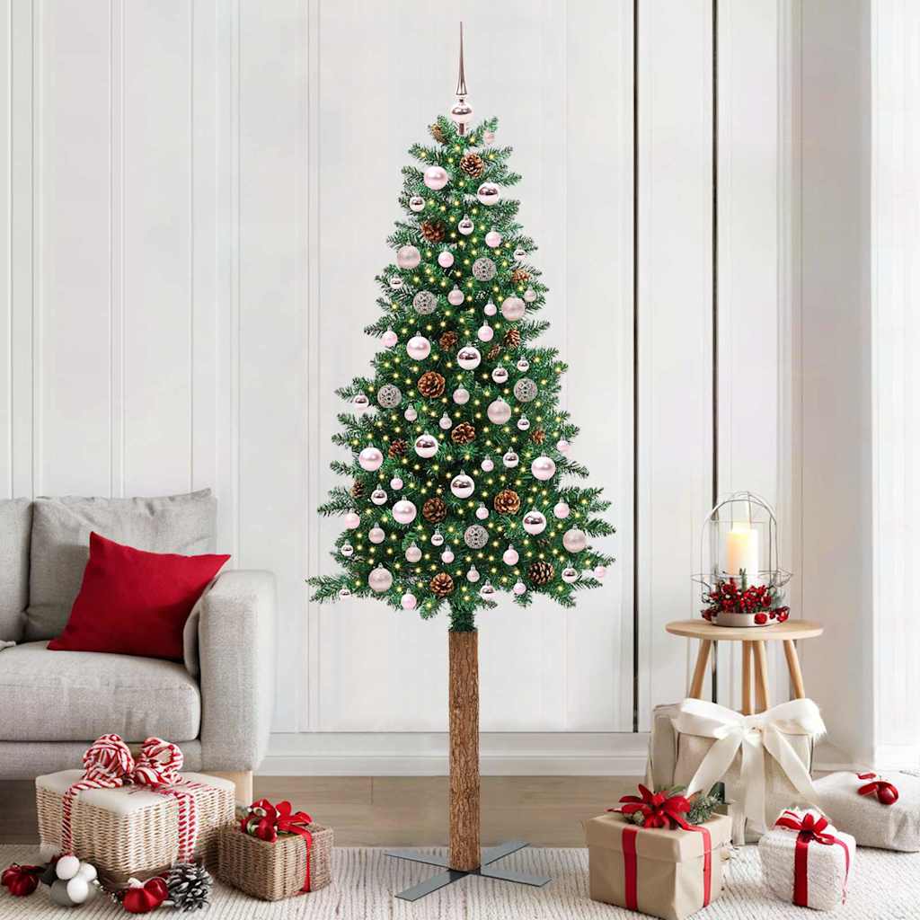 Slankt Juletræ med stativ Grøn 210 cm PVC og Massiv Fyrretræ