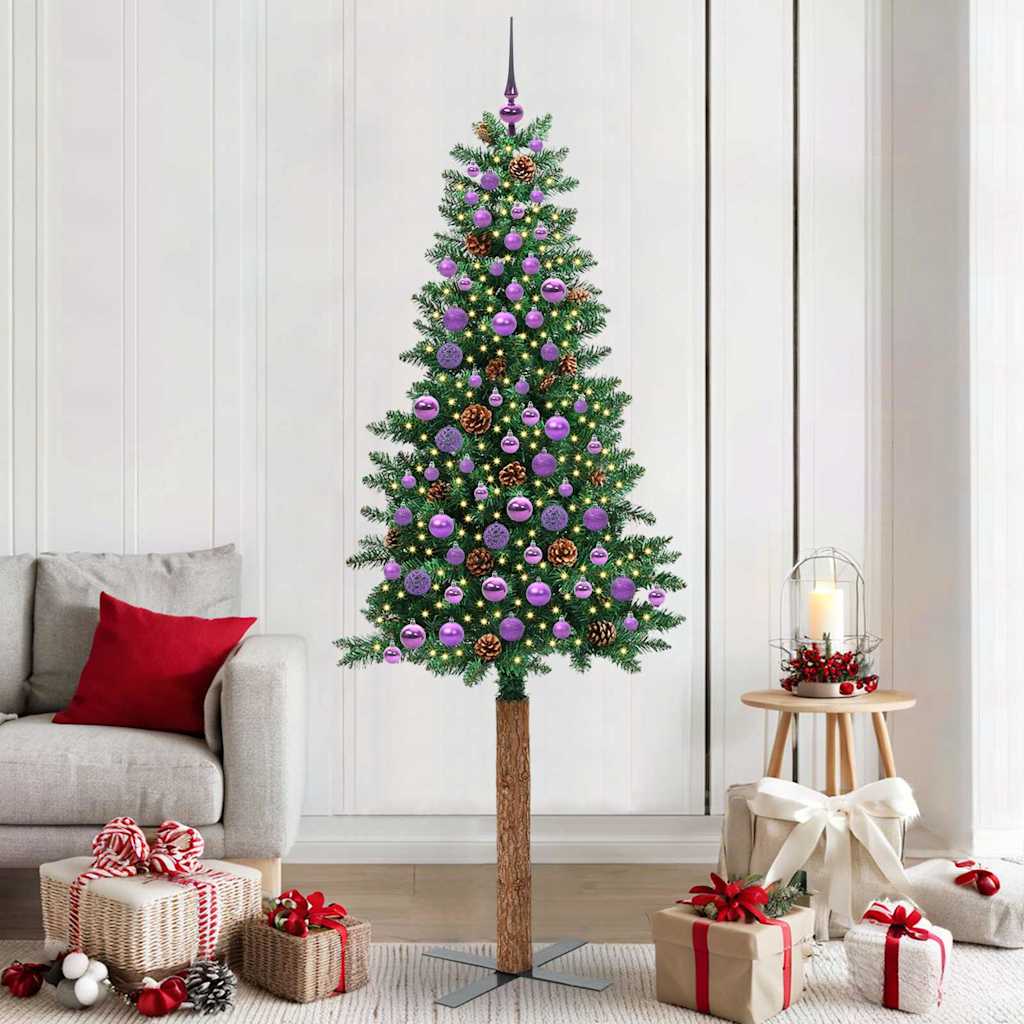 Slankt Juletræ med stativ Grøn 210 cm PVC og Massiv Fyrretræ