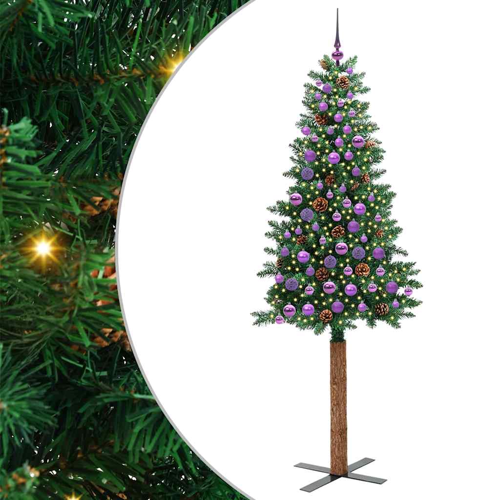 Slankt Juletræ med stativ Grøn 210 cm PVC og Massiv Fyrretræ