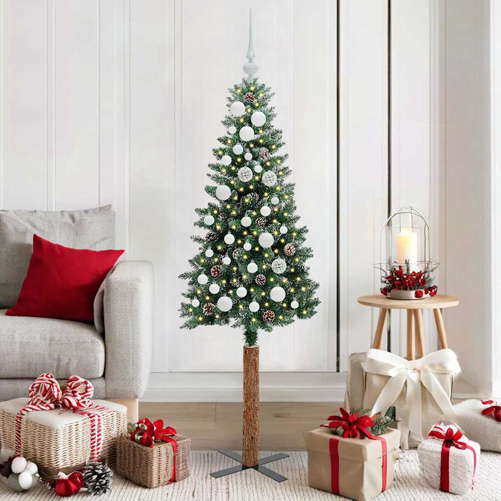 Slankt Juletræ med stativ Grøn 150 cm PVC og Massiv Fyrretræ