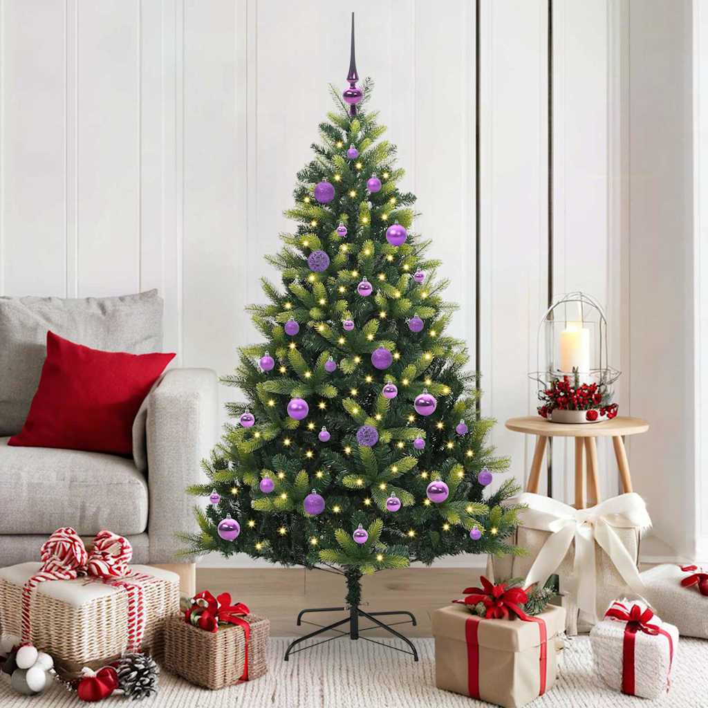 Kunstig hængslet juletræ med 150 LED-lys Grøn 150 cm PVC og PE