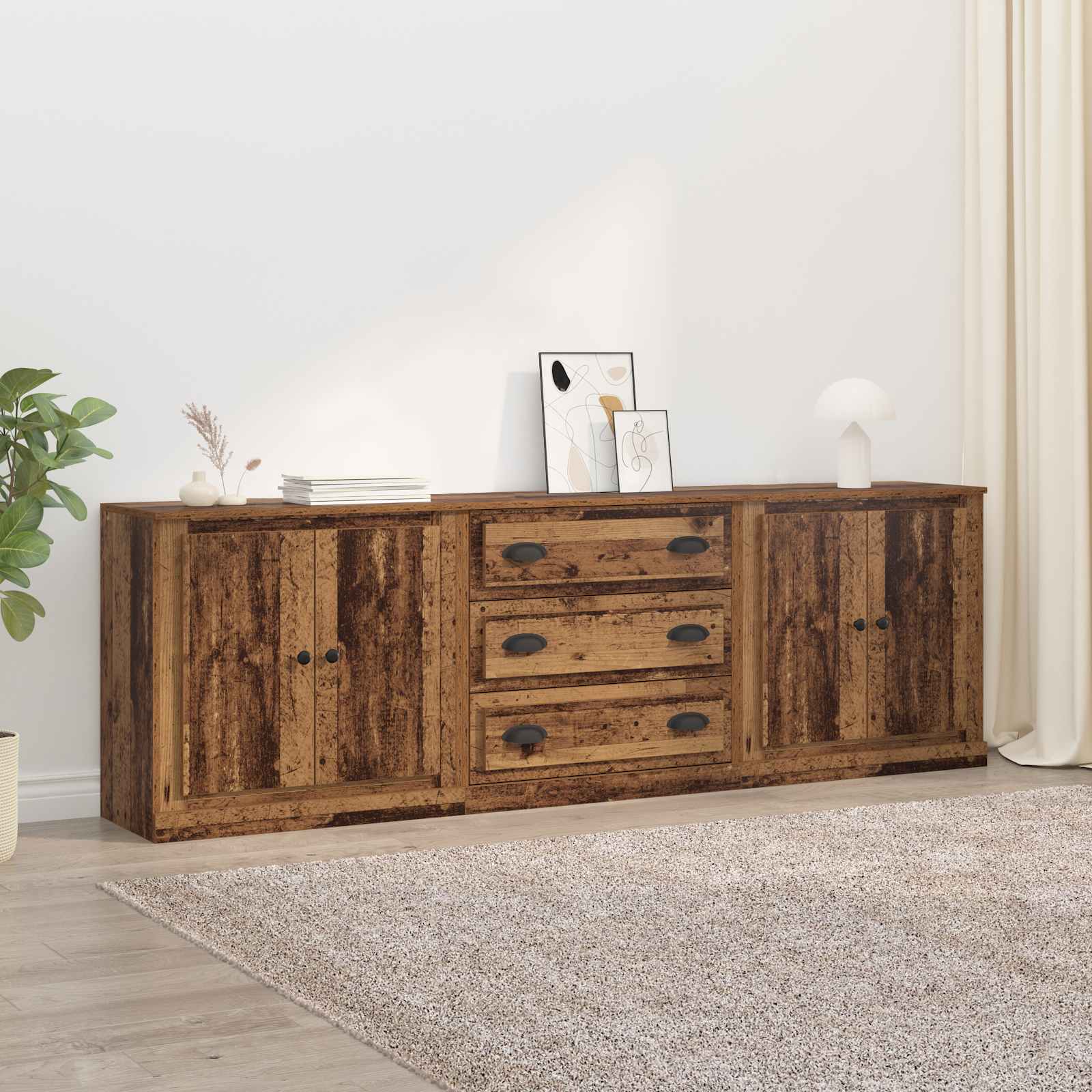 Sideboards med skuffe 3 pcs Gammelt træ 210 x 35,5 x 67,5 cm