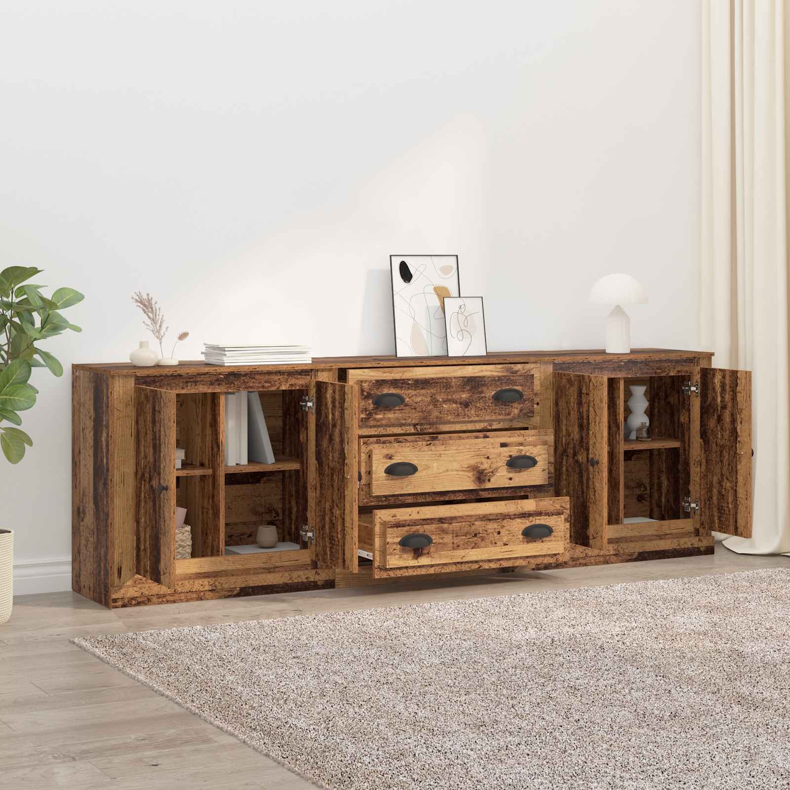 Sideboards med skuffe 3 pcs Gammelt træ 210 x 35,5 x 67,5 cm