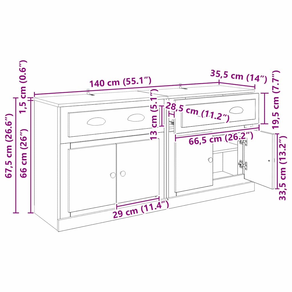 Sideboards med skuffe 2 pcs Gammelt træ 70 x 35,5 x 67,5 cm