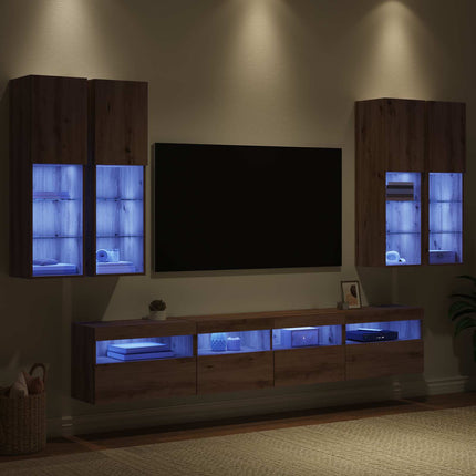 TV Væghængt Skabssæt med LED-lys 7 stk. artisan eg
