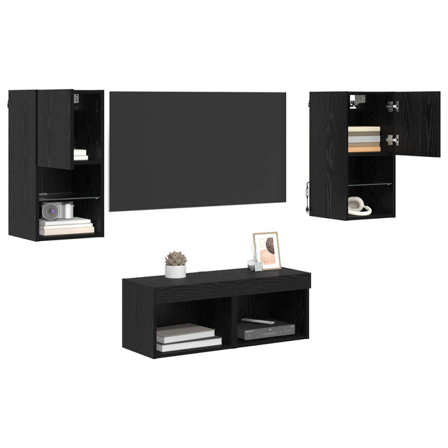 TV Væghylder med LED -strimmellys 4 pcs Sort eg Konstrueret træ