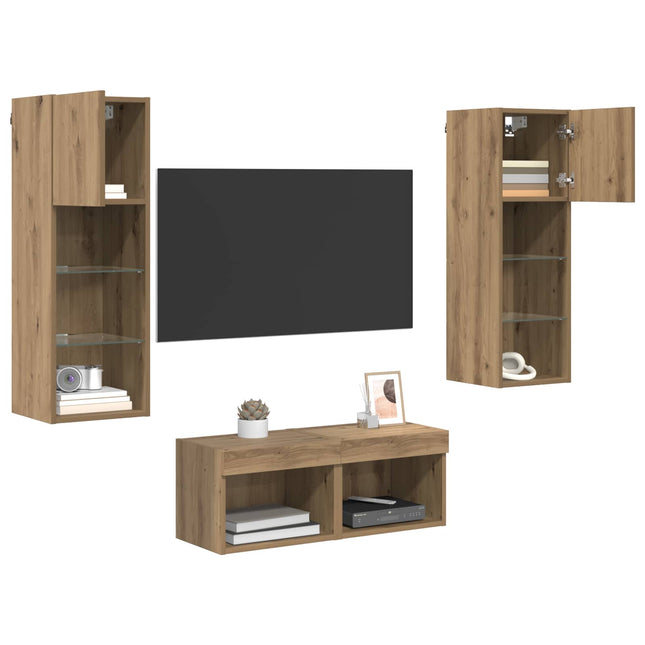 TV Væghylder med LED -strimmellys 4 pcs Sort eg Konstrueret træ