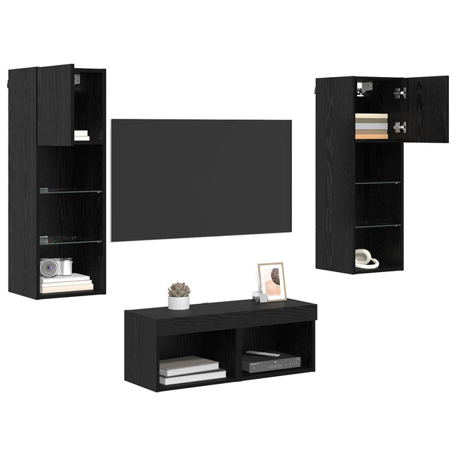 TV Væghylder med LED -strimmellys 4 pcs Sort eg Konstrueret træ