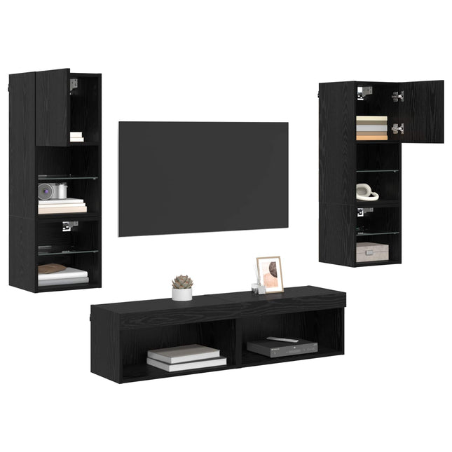 TV Væg Enhed med LED -strimmellys 6 pcs Sort eg Konstrueret træ