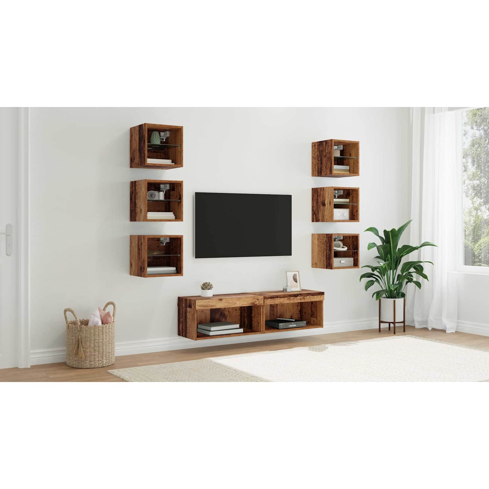 TV-skab med LED -strimmellys med skuffe 8 pcs Gammelt træ Glas