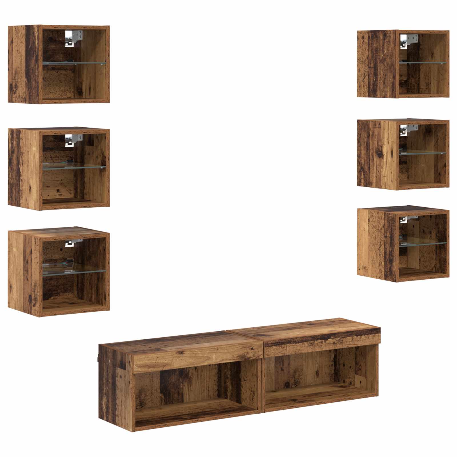 TV-skab med LED -strimmellys med skuffe 8 pcs Gammelt træ Glas