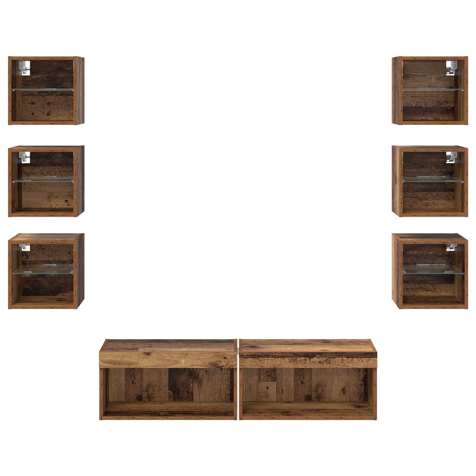 TV-skab med LED -strimmellys med skuffe 8 pcs Gammelt træ Glas