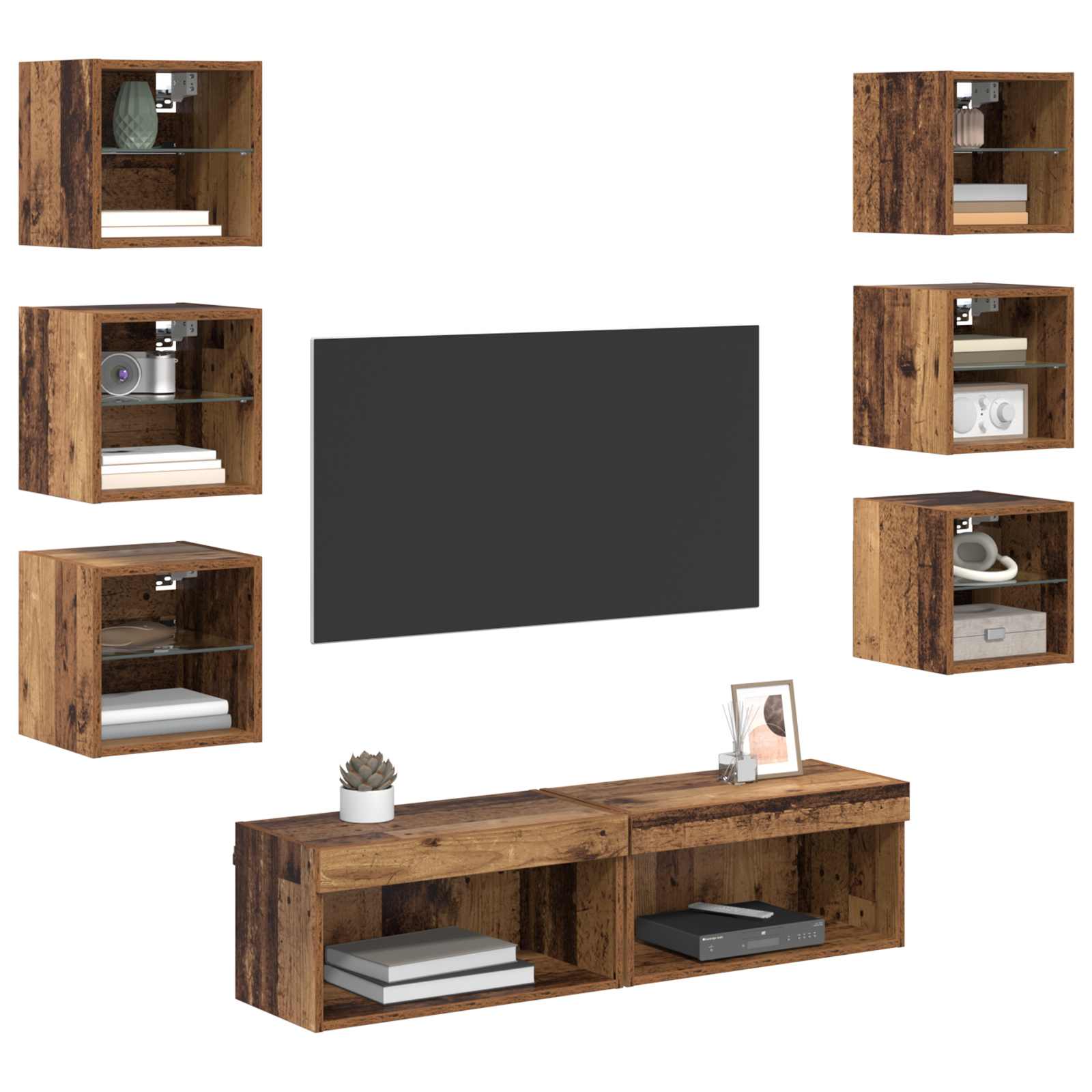 TV-skab med LED -strimmellys med skuffe 8 pcs Gammelt træ Glas