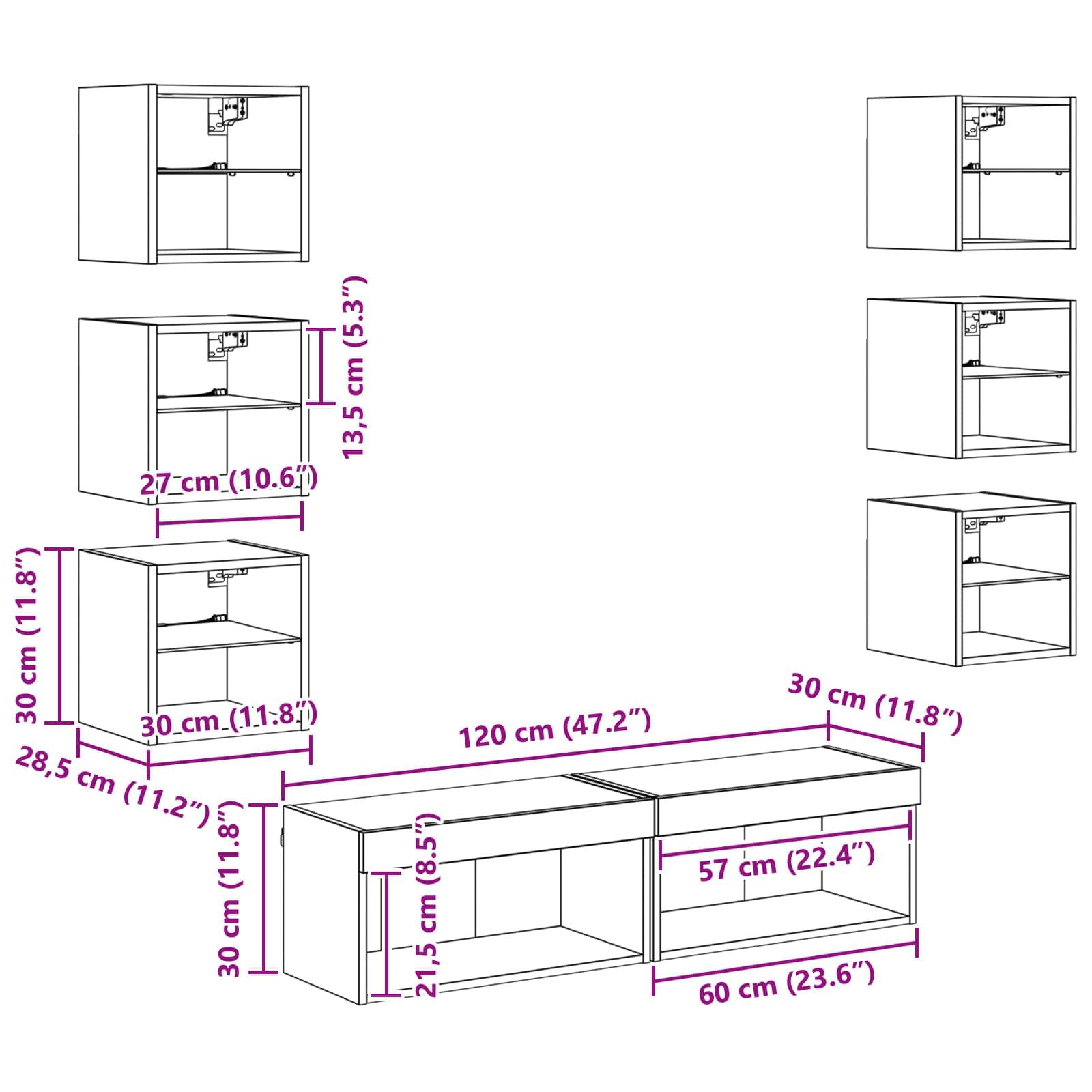 TV-skab med LED -strimmellys med skuffe 8 pcs Gammelt træ Glas