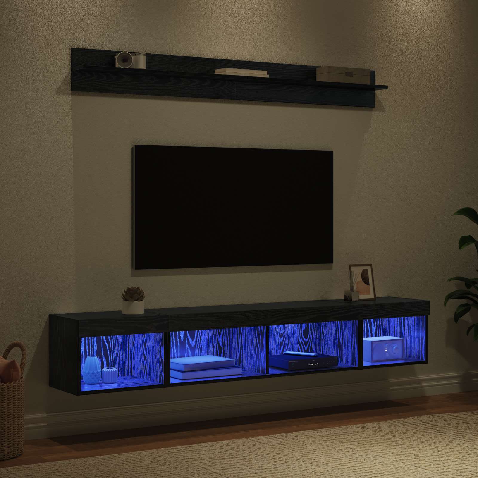 Tv vægskab sæt med LED 5 pcs Sort eg Konstrueret træ