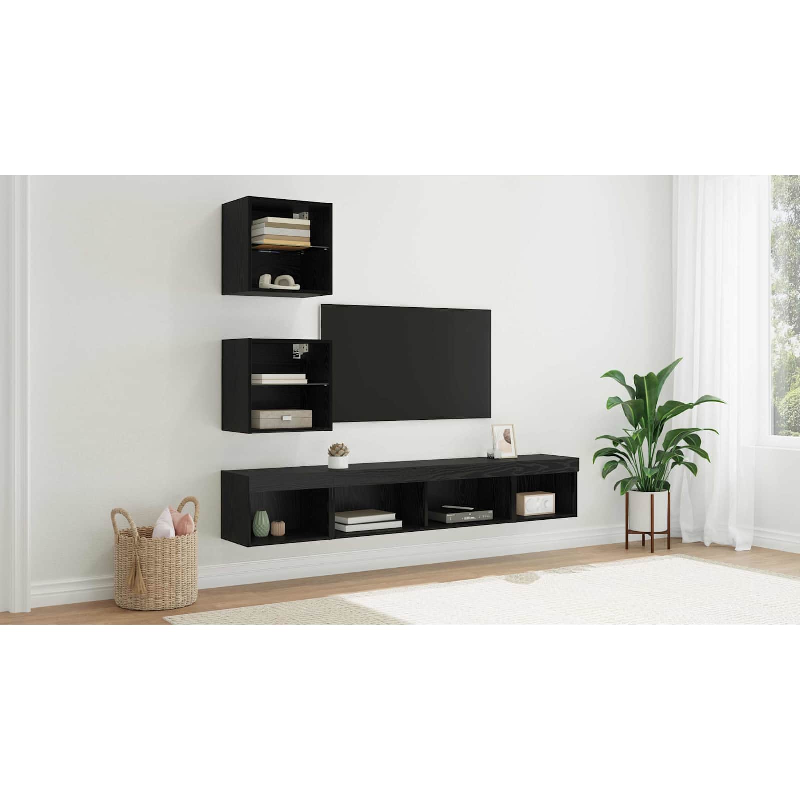 TV vægenheder med LED med LED 5 pcs Sort eg Konstrueret træ