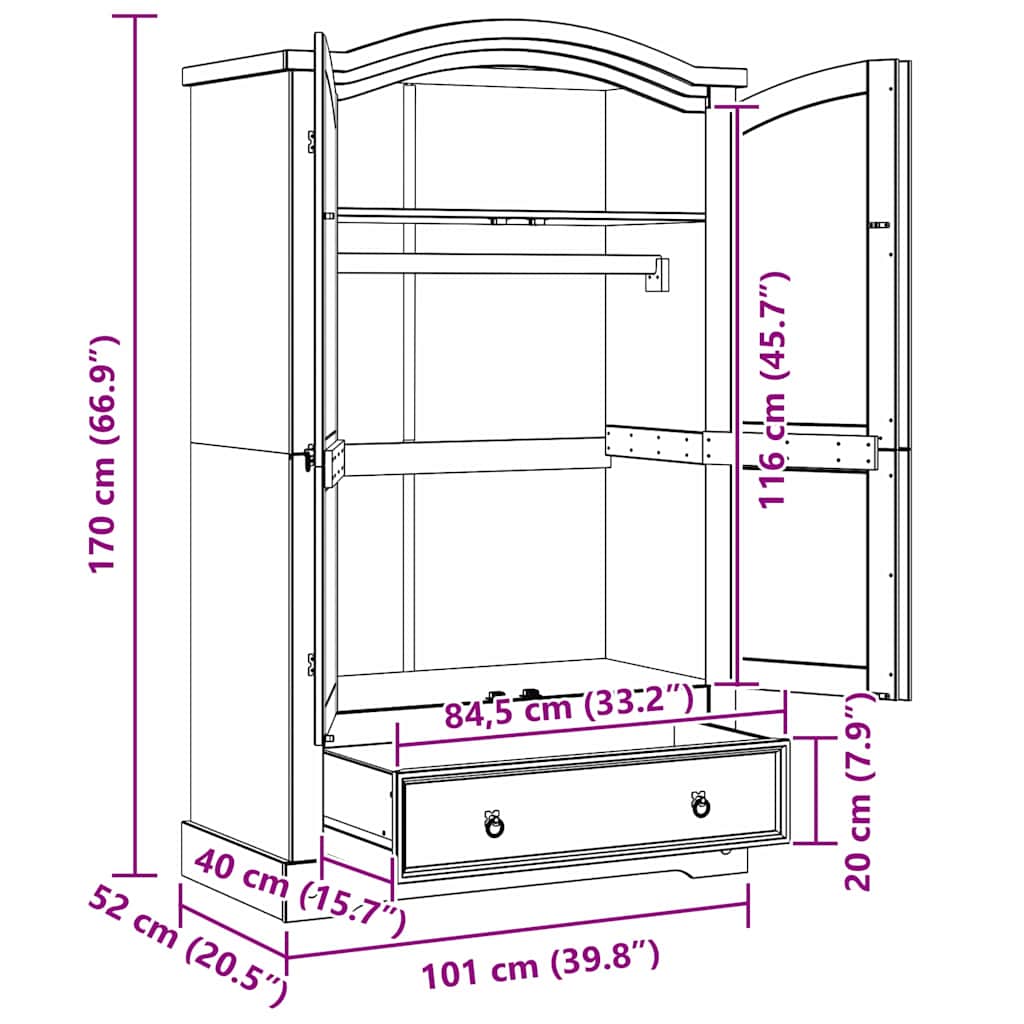 Garderobeskab Corona Hvid 101 x 52 x 170 cm Massiv fyrretræ