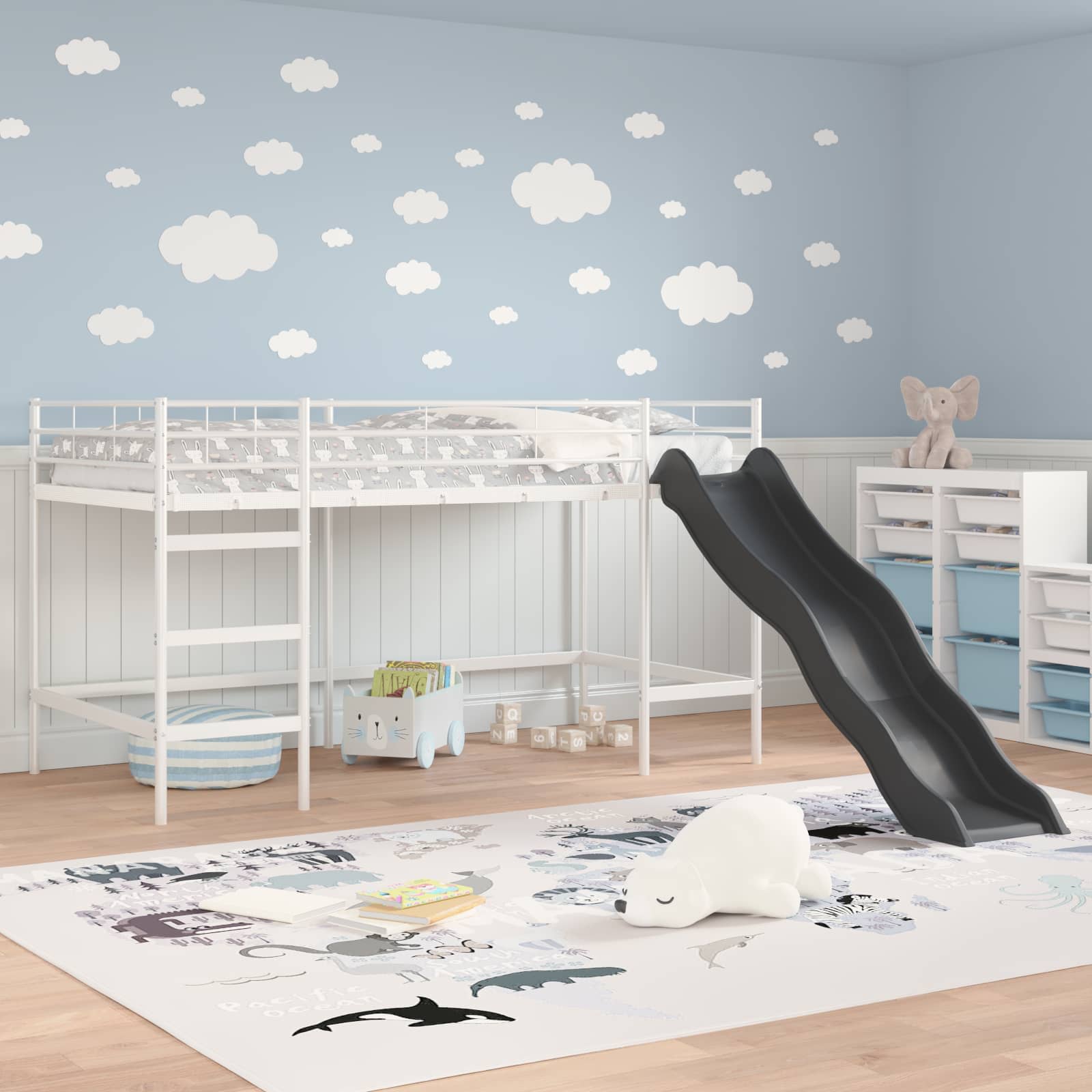 Kids'loftseng med rutsjebane Hvid og Antracit 107 x 200 cm
