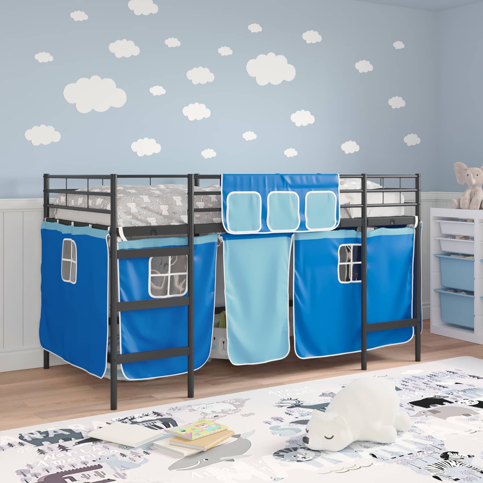Kids'loftseng med gardiner Sort og Blå 90 x 200 cm