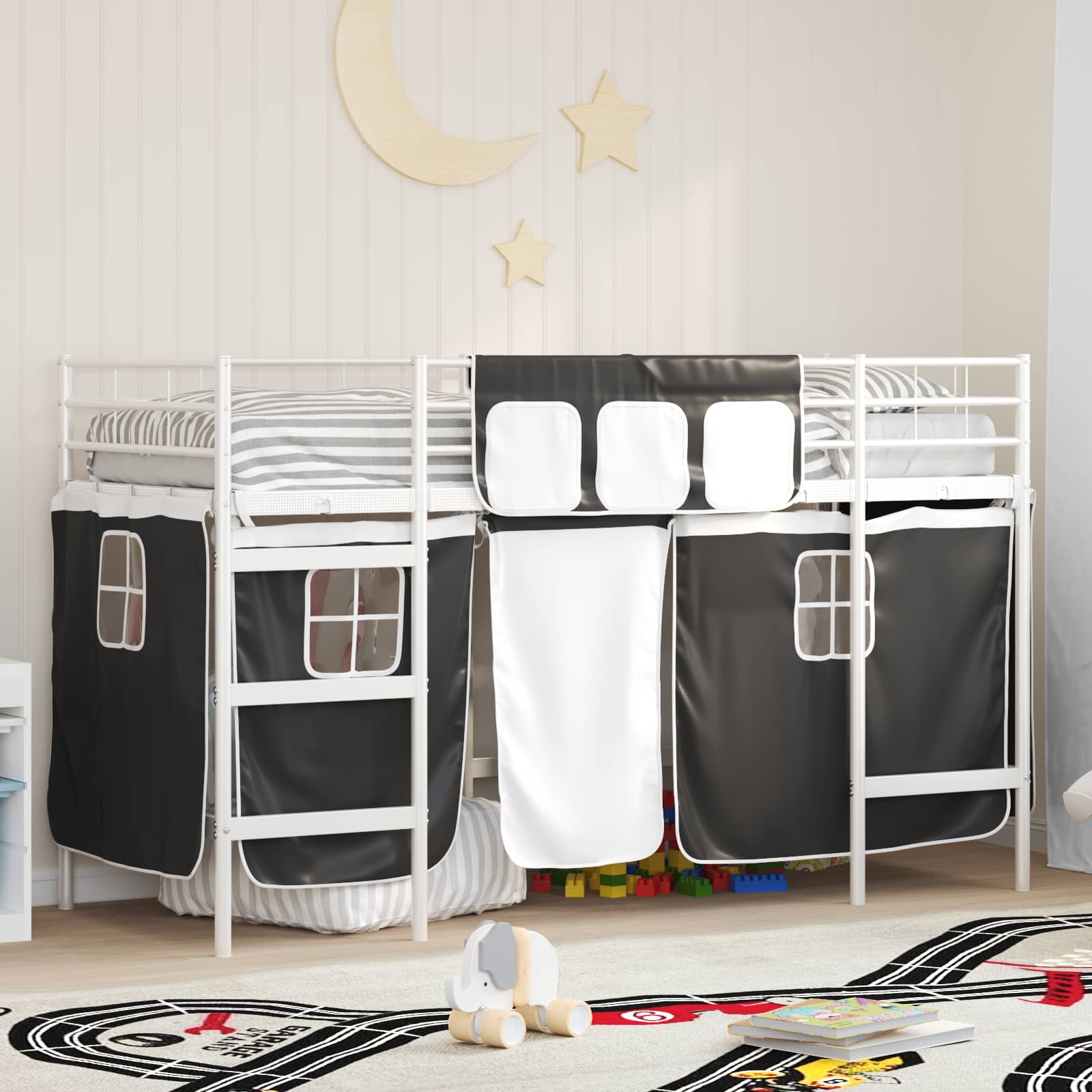 Kids'loftseng med gardiner Hvid og sort 90 x 190 cm