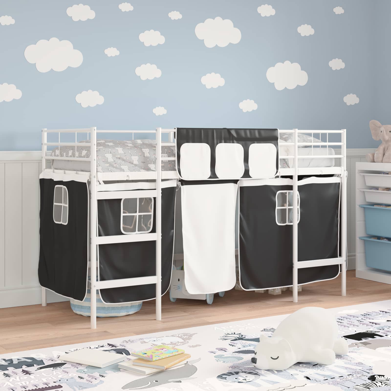 Kids'loftseng med gardiner Hvid og sort 90 x 190 cm